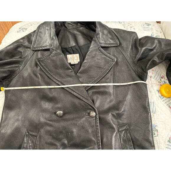 VINTAGE 80's VAKKO BLACK LEATHER DOUBLE BREASTED PEACOAT JACKET - Picture 4 of 9